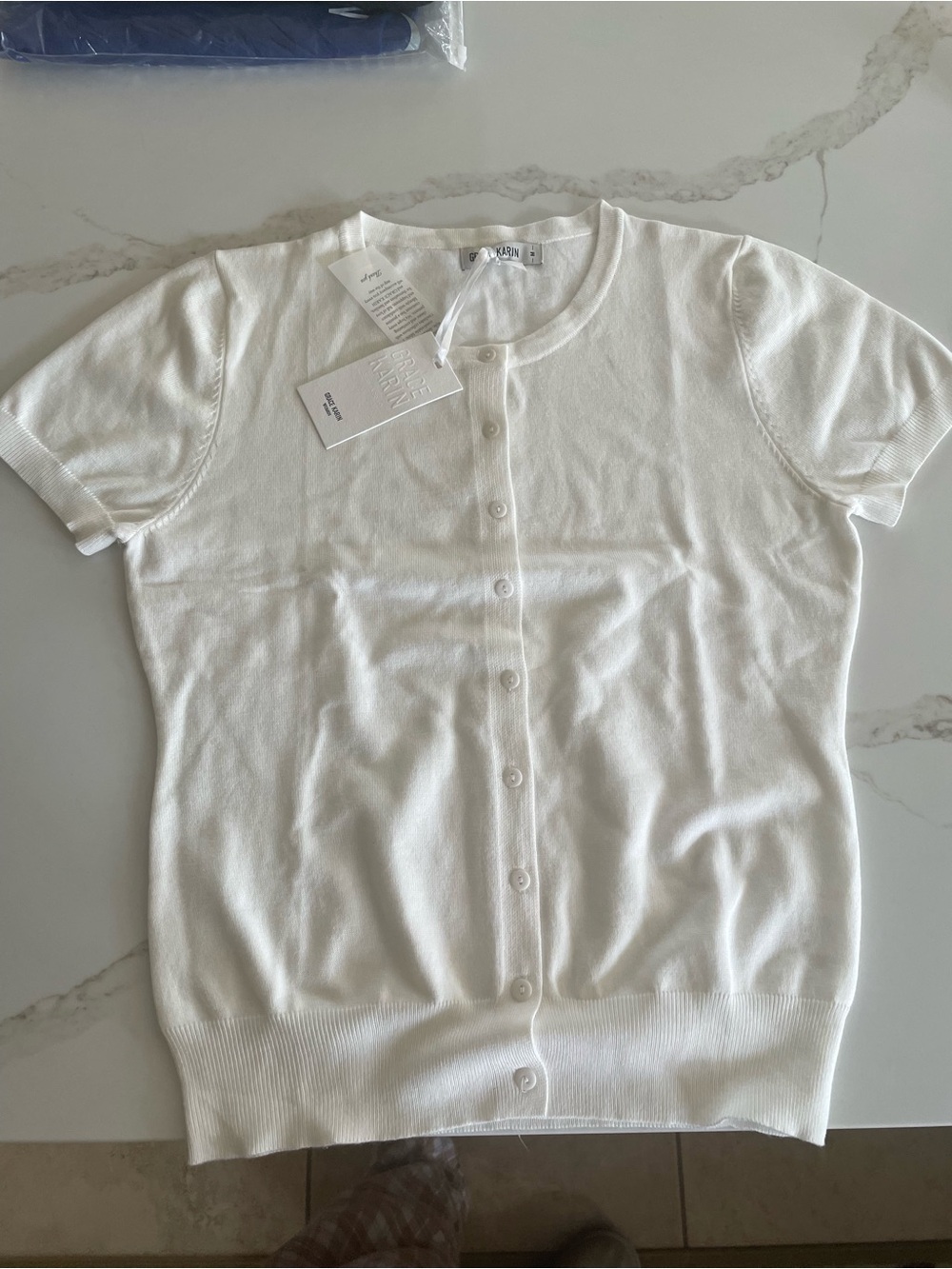 Grace Karin White Short Sleeve Button Front Sweater